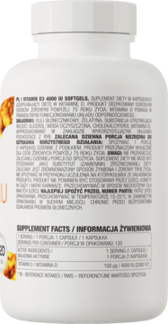 Tył białego opakowania suplementu OstroVit Witamina D3 4000 IU z gęstym tekstem i informacjami żywieniowymi.