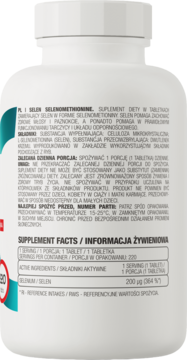 OstroVit Selen Selenomethionine, tył białej butelki suplementu diety z zielonym akcentem i tabelą składników.