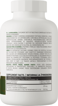 Biała butelka OstroVit Ashwagandha VEGE, tył z etykietą informacyjną o składzie i dawkowaniu w języku polskim.