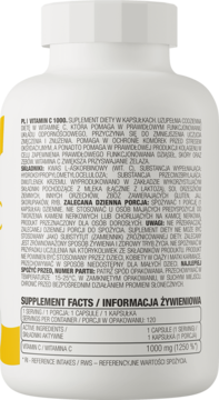 Tył butelki OstroVit Witamina C 1000 mg, suplement diety, białe opakowanie z polską etykietą składu i dawkowania.