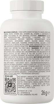 Tył białej butelki OstroVit Vitamin B Complex 26g, z etykietą zawierającą instrukcje, skład i kod QR.