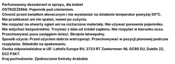 Lattafa Fakhar Femme, perfumowany spray do ciała. Tył opakowania z polskimi informacjami i ostrzeżeniami.