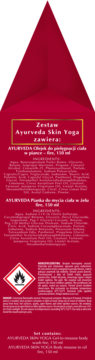 Czerwone opakowanie zestawu Ayurveda Skin Yoga: olejek i pianka do mycia ciała, 150 ml, widok z przodu.