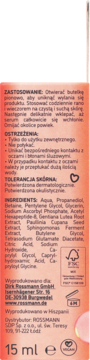 Tył pomarańczowego opakowania serum 15 ml z listą składników, instrukcją i wegańskim certyfikatem.