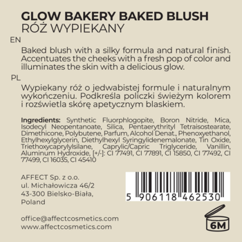Tył opakowania różu Affect Glow Bakery Baked Blush z tekstem, składem, danymi firmy i kodem kreskowym.