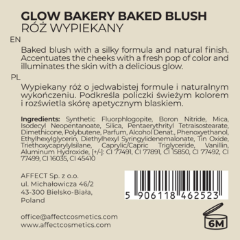 Tył opakowania różu Glow Bakery Baked Blush firmy Affect, lista składników, kod kreskowy i dane kontaktowe.