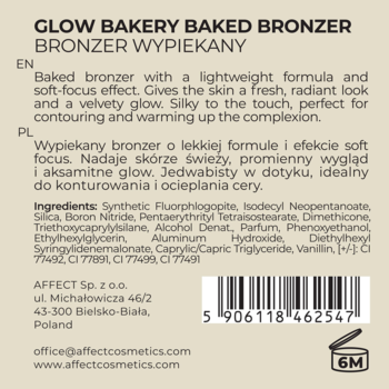 Tył opakowania brązera Affect Glow Bakery z listą składników, opisem produktu i kodem kreskowym.