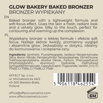 Tył beżowego opakowania bronzera GLOW BAKERY BAKED BRONZER z opisem produktu (EN/PL), pełną listą składników i danymi producenta.