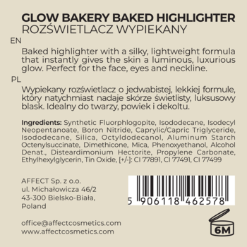 Tył opakowania rozświetlacza Affect Glow Bakery Baked, z tekstem PL/EN, listą składników, danymi producenta i kodem EAN.