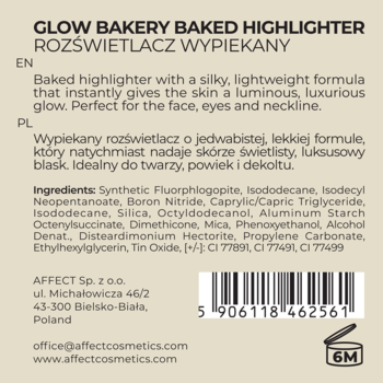 Glow Bakery Baked Highlighter, tył opakowania z pełną listą składników i danymi producenta AFFECT.