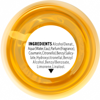 Mgiełka w okrągłym, żółtym opakowaniu, widok z góry z listą składników: Alcohol Denat., Parfum.