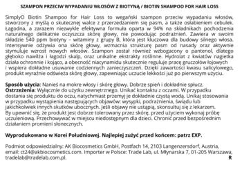 Zbliżenie na etykietę szamponu SimplyO Biotin Shampoo przeciw wypadaniu włosów z biotyną, widoczny opis.