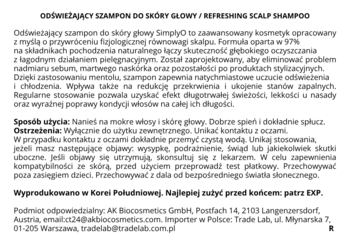 Tył opakowania szamponu SimplyO Wild Flower: czarny tekst na białym tle, opis produktu i dane producenta.