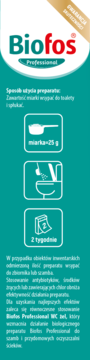 Biofos Professional biologiczny preparat do szamb w zielonym opakowaniu. Front opakowania z logo i ikonami użycia: miarka 25g, toaleta, 2 tygodnie.