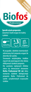 Biofos Professional, biologiczny preparat do szamb, zielono-białe opakowanie, widok z przodu z instrukcją.