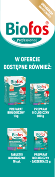Reklama Biofos Professional: preparaty biologiczne w opakowaniach 1kg, 500g, tabletki i saszetki 25g, na tealowym tle.