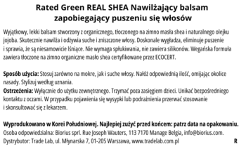 Tył etykiety balsamu Rated Green REAL SHEA Nawilżający. Czarny tekst z instrukcjami i składnikami.