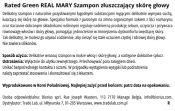 Tył etykiety szamponu Rated Green Real Mary złuszczającego, tekst z opisem i użyciem produktu na białym tle.