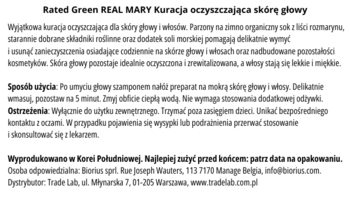 Tył opakowania Rated Green REAL MARY Kuracji oczyszczającej skórę głowy. Biała etykieta z czarnym tekstem produktu.
