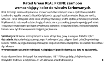 Szampon Rated Green Real Prune: pełne informacje o wzmacnianiu koloru włosów farbowanych, czarny tekst na białym tle.
