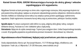 Biała etykieta z czarnym tekstem dla Rated Green REAL GROW kuracji wzmacniającej włosy, z instrukcjami.