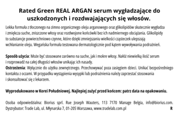 Etykieta produktu: Rated Green REAL ARGAN serum wygładzające do uszkodzonych i rozdwajających się włosów.