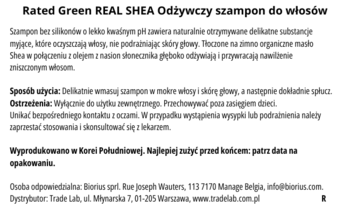 Tył opakowania odżywczego szamponu Rated Green REAL SHEA z polskim opisem, zastosowaniem i ostrzeżeniami.
