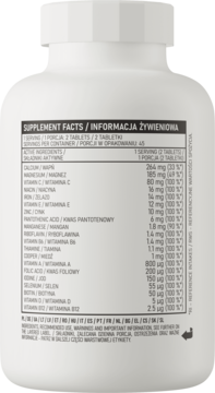 OstroVit 100% Vit&Min, tył białej butelki suplementu, etykieta z tabelą Informacja Żywieniowa, widoczne witaminy i minerały.