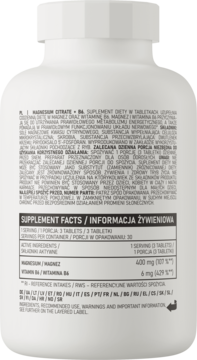 Tył białej butelki OstroVit Cytrynian Magnezu 400 mg + B6, z etykietą składu i informacją żywieniową.