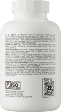 Biała butelka OstroVit Omega 3-6-9, widok z tyłu z opisem suplementu diety, składem i logo ISO 22000.