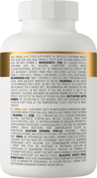 Widok z tyłu białej butelki suplementu OstroVit Omega 3-6-9. Na etykiecie widoczne informacje o składnikach.