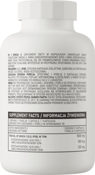 Tył białej butelki OstroVit Omega 3 (90 kapsułek), z etykietą "SUPPLEMENT FACTS" o oleju rybim, EPA i DHA.