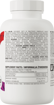 Tył opakowania suplementu OstroVit Magnez + Witamina B6 w białej butelce, widoczna etykieta z informacją żywieniową.