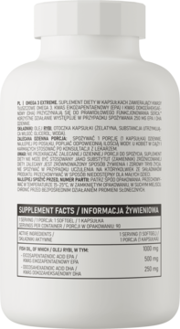 Tył białej butelki OstroVit Omega 3 Extreme, z widoczną tabelą suplementów i składników odżywczych.