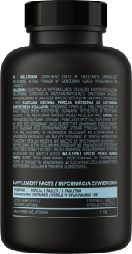 Tył czarnej butelki OstroVit Keep Sleep Melatonin, białe napisy, tabela składników odżywczych.