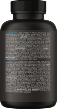 Tył czarnej butelki OstroVit Fat Burner eXtreme z białym tekstem, widoczne składniki i instrukcje.