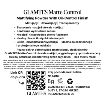 Detale tylnej etykiety pudru GLAMTES Matte Control 8g, matującego, transparentnego, z kontrolą sebum.