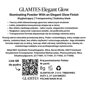 Tył opakowania pudru GLAMTES Elegant Glow 8g, z polskim opisem, składem INCI, kodem QR i danymi producenta.