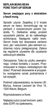 Biała etykieta Beplain Mung Bean Pore Tight-Up Serum, z czarnym tekstem, polski opis, instrukcje i ostrzeżenia.