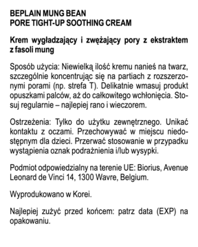 Instrukcja użycia Beplain Mung Bean Pore Tight-Up Soothing Cream, polski tekst z ostrzeżeniami na białym tle.