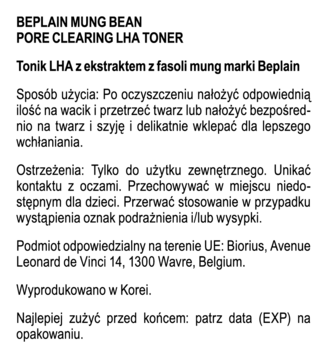 Tekst opakowania Beplain Mung Bean LHA Toner: instrukcja, ostrzeżenia, producent, kraj pochodzenia, czarny na białym.