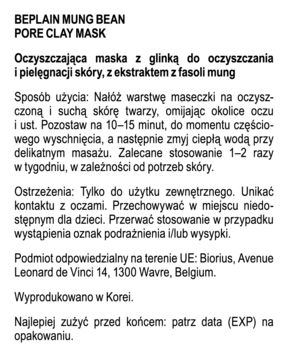 Etykieta BEPLAIN MUNG BEAN PORE CLAY MASK z polskim opisem użytkowania, ostrzeżeniami i danymi producenta.