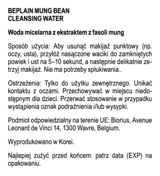Biała kartka z czarnym tekstem: Beplain Mung Bean Cleansing Water, opis produktu, sposób użycia, ostrzeżenia, producent.