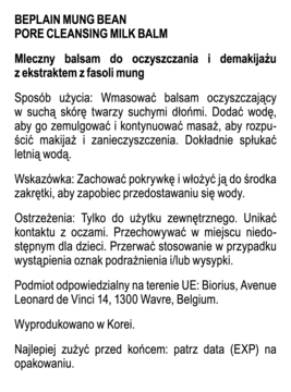 Tył opakowania Beplain Mung Bean Pore Cleansing Milk Balm z instrukcją użycia i ostrzeżeniami w języku polskim.