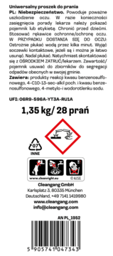 Tył opakowania proszku do prania Juicy & Elegant 1,35kg, z polskim opisem i piktogramami zagrożeń.