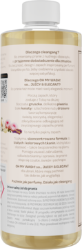 Tył butelki płynu do prania Juicy & Elegant 975ml, złoty płyn, etykieta z opisem nut zapachowych gruszki.