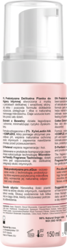 Tył białej butelki z pompką. Pianka do higieny intymnej 150ml, różowa etykieta z polskim opisem składników.