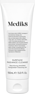 Biała tubka Medik8 Surface Radiance Cleanse, żel złuszczający z AHA/BHA i mangostanem, 150ml, widok z przodu.