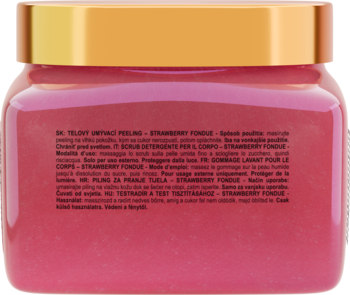 Różowy peeling do ciała Strawberry Fondue, tył transparentnego słoika ze złotą nakrętką, widoczne etykiety.