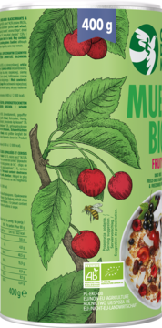 Ekologiczne Muesli Bio Fruit 400g w jasnozielonej puszce z rysunkiem gałęzi wiśni, pszczoły i miski musli.
